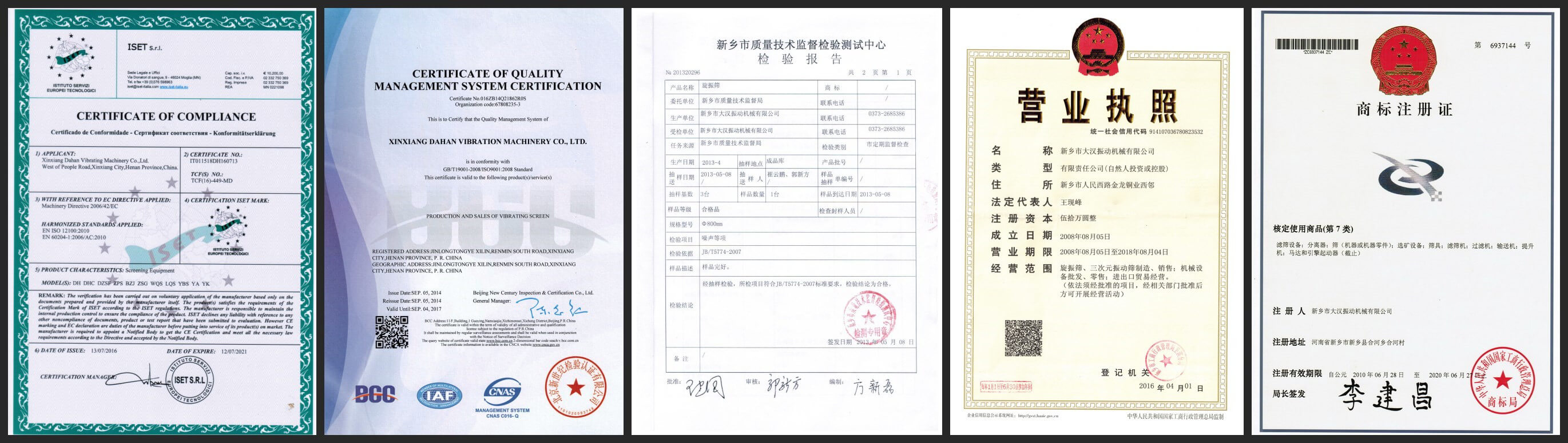 Certification of vibrating sieve Certification of sieve machine